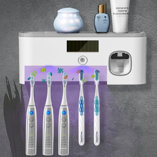 Picture of Wall Mounted Toothpaste Dispenser U·V Cleaner 5 Brush Slots Toothbrush Holder with Toothpaste Dispenser USB Rechargeable Toothbrush Holders for Bathroom