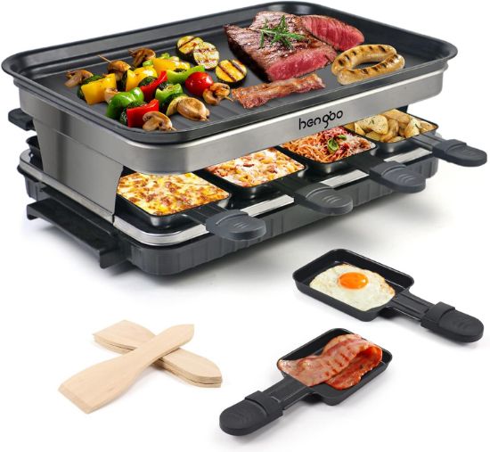 Picture of Raclette Grill 8 Person Indoor Grill Machine 8 Mini Non Stick Pan for Raclette Cheese Dishes Cooking