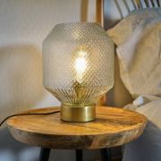 Picture of Antique Brass Table Lamp Featuring Textured Glass Lampshade for Bedroom or Living Room 