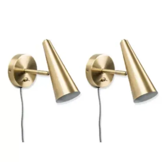 Picture of Set of 2 Brushed Brass Plug-In Wall Lights with Adjustable Cone Shades - Easy-Fit Task Lamps