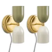 Picture of Set of Gold Up & Down Plug In Wall Lights with Metal Lampshades for Living Room Decor