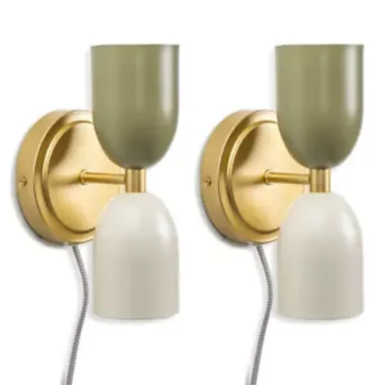 Picture of Set of Gold Up & Down Plug In Wall Lights with Metal Lampshades for Living Room Decor