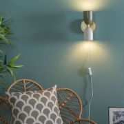 Picture of Set of Gold Up & Down Plug In Wall Lights with Metal Lampshades for Living Room Decor