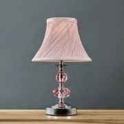 Picture of Metal Touch Table Lamp with Chrome Finish, Pleated Pink Lampshade, and Acrylic Jewel Design