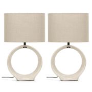 Picture of Pair of Ceramic Base Hoop Table Lamps with Drum Shades and LED Bulbs