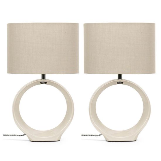 Picture of Pair of Ceramic Base Hoop Table Lamps with Drum Shades and LED Bulbs