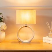 Picture of Pair of Ceramic Base Hoop Table Lamps with Drum Shades and LED Bulbs