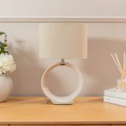 Picture of Pair of Ceramic Base Hoop Table Lamps with Drum Shades and LED Bulbs