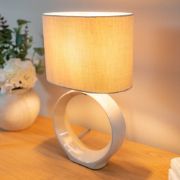 Picture of Pair of Ceramic Base Hoop Table Lamps with Drum Shades and LED Bulbs