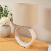 Picture of Pair of Ceramic Base Hoop Table Lamps with Drum Shades and LED Bulbs