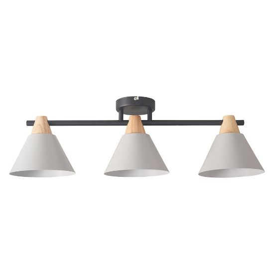 Picture of Wood & Grey Tapered Shades Metal 3-Way Ceiling Light Fixture with LED Bulb