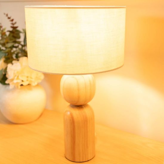 Picture of Oak Base Table Lamp Natural Drum Lampshade Living Room Bedroom Wooden Light