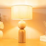 Picture of Oak Base Table Lamp Natural Drum Lampshade Living Room Bedroom Wooden Light