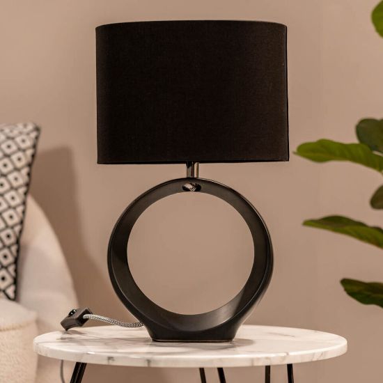 Picture of Ceramic Black Hoop Table Lamp with Drum Shade and LED Bulb