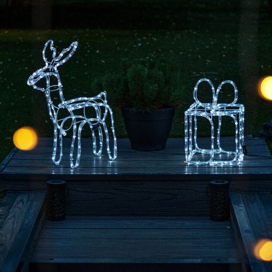 Picture of Festive LED Reindeer & Christmas Present Lights: Cool White, Indoor/Outdoor Garden Decor