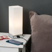 Picture of 28CM Tall Chrome Touch Table Lamp with USB Charging Port: Bedside Desk Light with LED Bulb