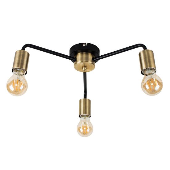 Picture of Industrial 3-Way Matt Black & Gold Ceiling Light Fixture with Metal Shades and LED Bulbs