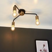 Picture of Industrial 3-Way Matt Black & Gold Ceiling Light Fixture with Metal Shades and LED Bulbs