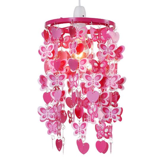 Picture of Pink Butterfly and Heart Children's Ceiling Lampshade: Easy Fit Pendant Shade