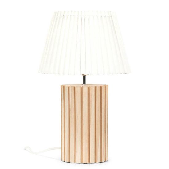 Picture of Wooden Table Lamp Base with White Pleated Lampshade Shade Natural Living Room Light