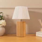 Picture of Wooden Table Lamp Base with White Pleated Lampshade Shade Natural Living Room Light