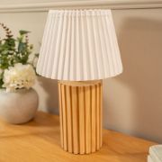 Picture of Wooden Table Lamp Base with White Pleated Lampshade Shade Natural Living Room Light