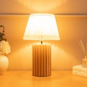 Picture of Wooden Table Lamp Base with White Pleated Lampshade Shade Natural Living Room Light