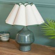 Picture of Green Glazed Ceramic Table Lamp with Speckled Base and Wavy Cream Shade