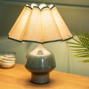 Picture of Green Glazed Ceramic Table Lamp with Speckled Base and Wavy Cream Shade