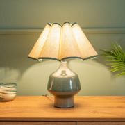 Picture of Green Glazed Ceramic Table Lamp with Speckled Base and Wavy Cream Shade