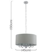 Picture of Chrome Suspended 5 Way Ceiling Light Fitting Slimline Grey Linen Shade LED Bulb