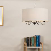 Picture of Chrome Suspended 5 Way Ceiling Light Fitting Slimline Grey Linen Shade LED Bulb