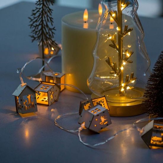 Picture of Battery String Lights 10x Wooden Houses with Reindeers Christmas Fairy Lights