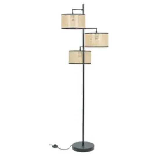 Picture of Industrial Matt Black Floor Lamp with 3-Way Light and Natural Cane Lampshade LED Bulb