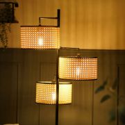 Picture of Industrial Matt Black Floor Lamp with 3-Way Light and Natural Cane Lampshade LED Bulb