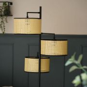 Picture of Industrial Matt Black Floor Lamp with 3-Way Light and Natural Cane Lampshade LED Bulb