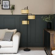 Picture of Industrial Matt Black Floor Lamp with 3-Way Light and Natural Cane Lampshade LED Bulb