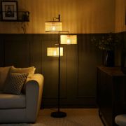 Picture of Industrial Matt Black Floor Lamp with 3-Way Light and Natural Cane Lampshade LED Bulb