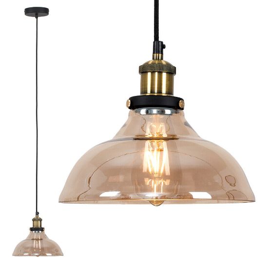 Picture of Modern Brass Pendant Light Fixture with Amber Glass Shade and LED Bulb 