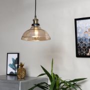 Picture of Modern Brass Pendant Light Fixture with Amber Glass Shade and LED Bulb 