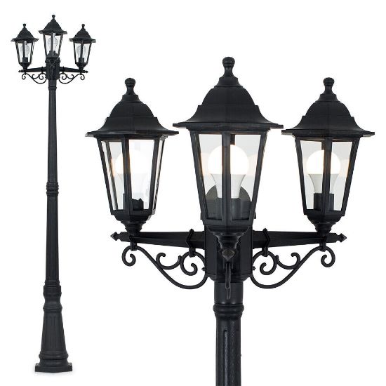 Picture of Victorian Style 220cm Black 3-Way Lantern Outdoor Garden Lamp Post with LED Lighting and IP44 Rating