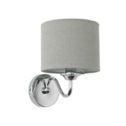 Picture of LED Wall light Fitting Brushed Chrome Curved Arm Grey Linen Shade Bulb 