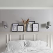 Picture of LED Wall light Fitting Brushed Chrome Curved Arm Grey Linen Shade Bulb 