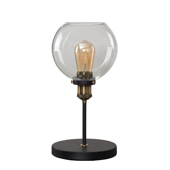 Picture of Industrial Black & Brass Table Lamp: 40CM Height, Metal Base with Glass Shade and LED Bulb