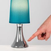 Picture of Small Modern Chrome Touch Table Lamp with a Teal Fabric Shade - Complete with a 5W LED Dimmable Candle Bulb [3000K Warm White]