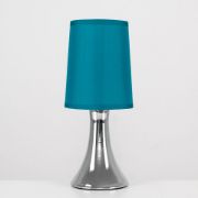 Picture of Small Modern Chrome Touch Table Lamp with a Teal Fabric Shade - Complete with a 5W LED Dimmable Candle Bulb [3000K Warm White]