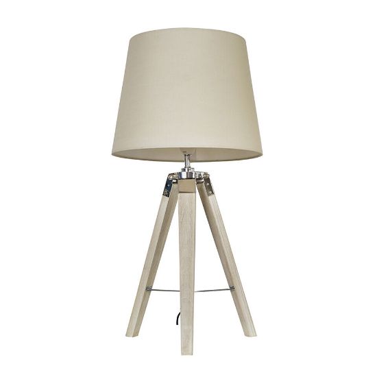 Picture of Modern Wooden Tripod Lamp with Tapered Cotton Shade and LED Bulb