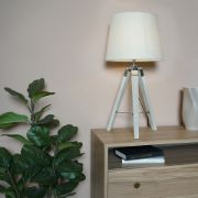 Picture of Modern Wooden Tripod Lamp with Tapered Cotton Shade and LED Bulb