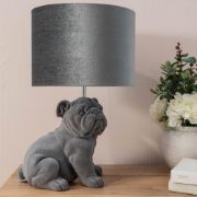 Picture of Vintage Bulldog Bedside Grey Velvet Lamp with Drum Lampshade for Bedrooms, Living Rooms