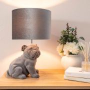 Picture of Vintage Bulldog Bedside Grey Velvet Lamp with Drum Lampshade for Bedrooms, Living Rooms